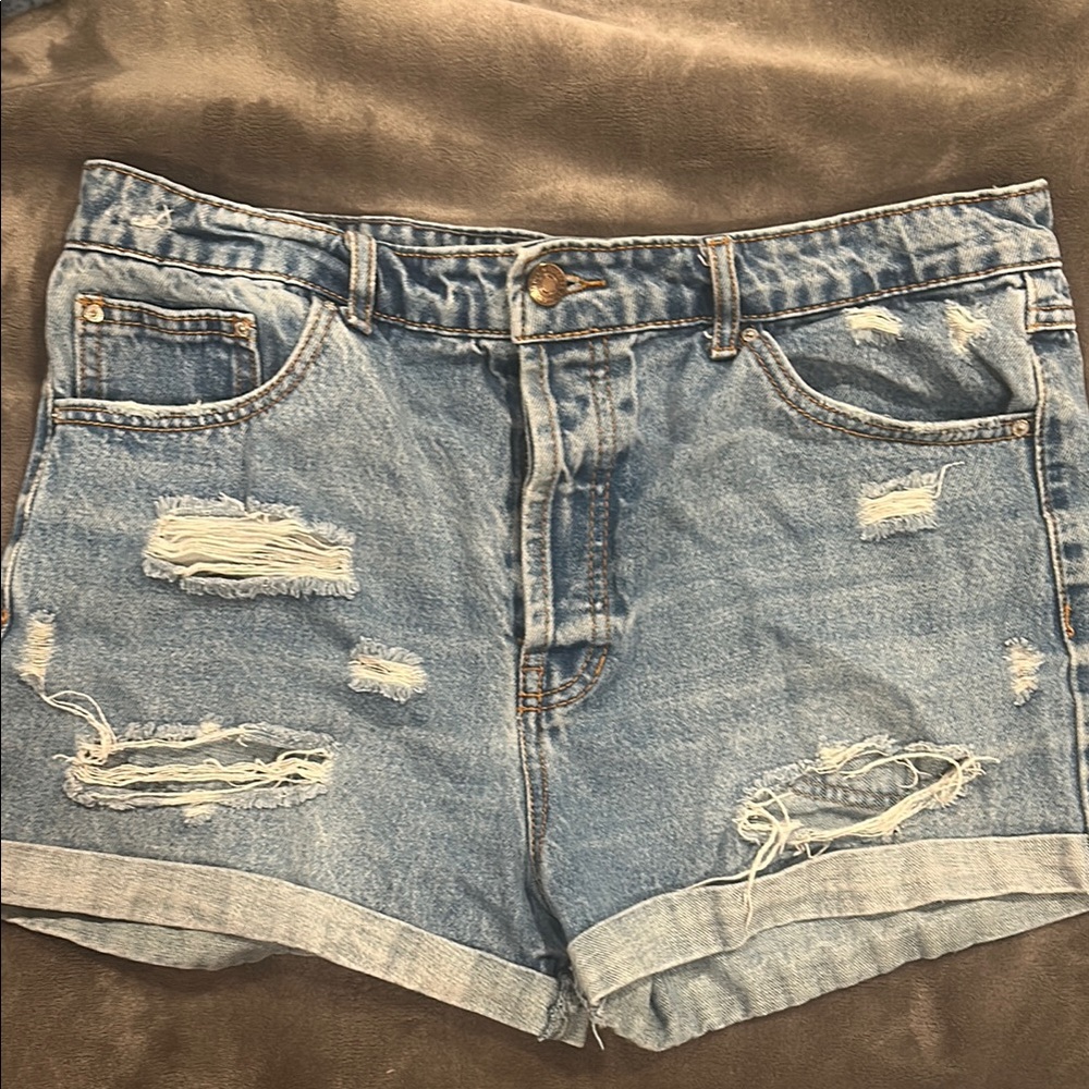 Blue Distressed Jean Shorts with Cuffed Hem